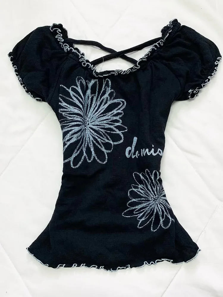 

Floral ort Sve Bla Print T-irt Sexy Girl Summer New Arrival Casual Sle Polyester Fiber Cotton Blend Regular Fit