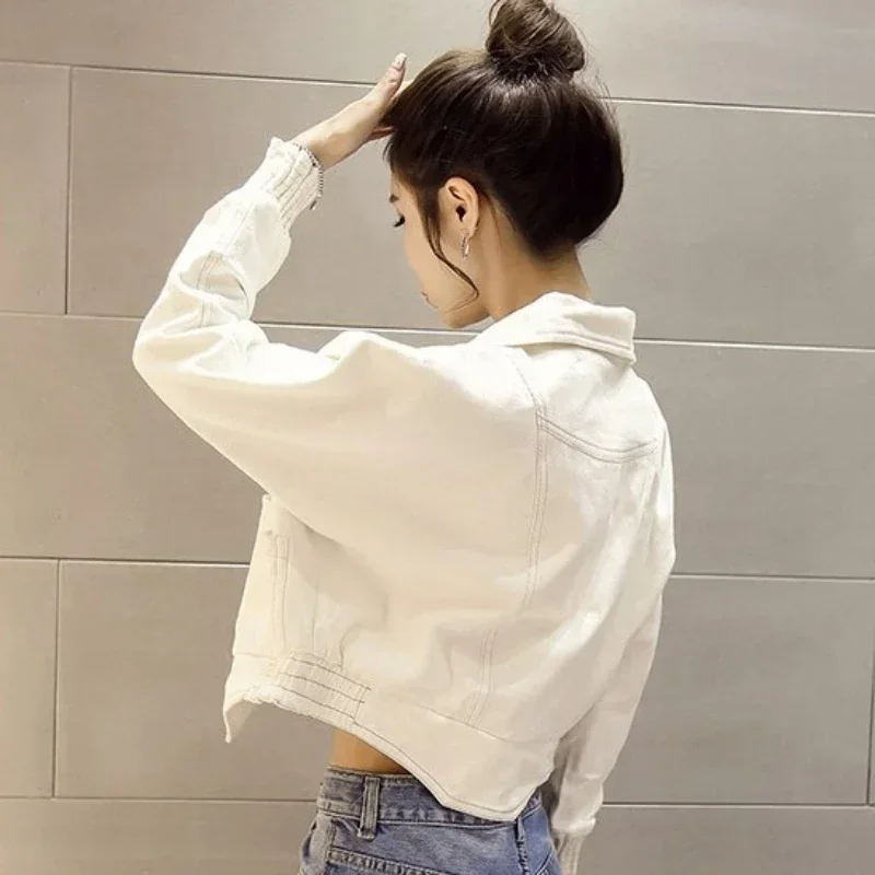 Small Outerwears Spring Autumn Short White Female Jeans Coat Plain Crop Women\'s Denim Jackets Original Designer Demi-season