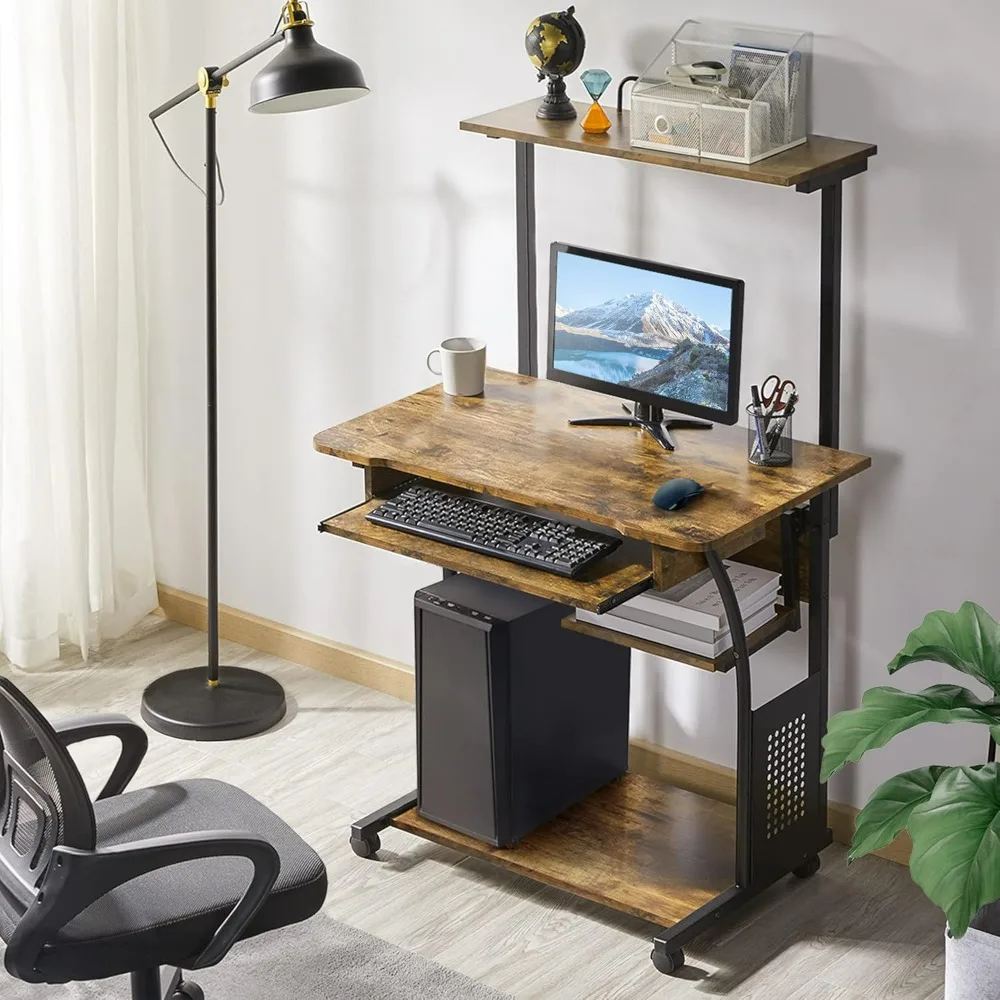 3Tiers Rolling Computer Desk with Keyboard Tray,for Small Space, Retro Computer Table Compact PC Laptop Workstation,Rustic Brown