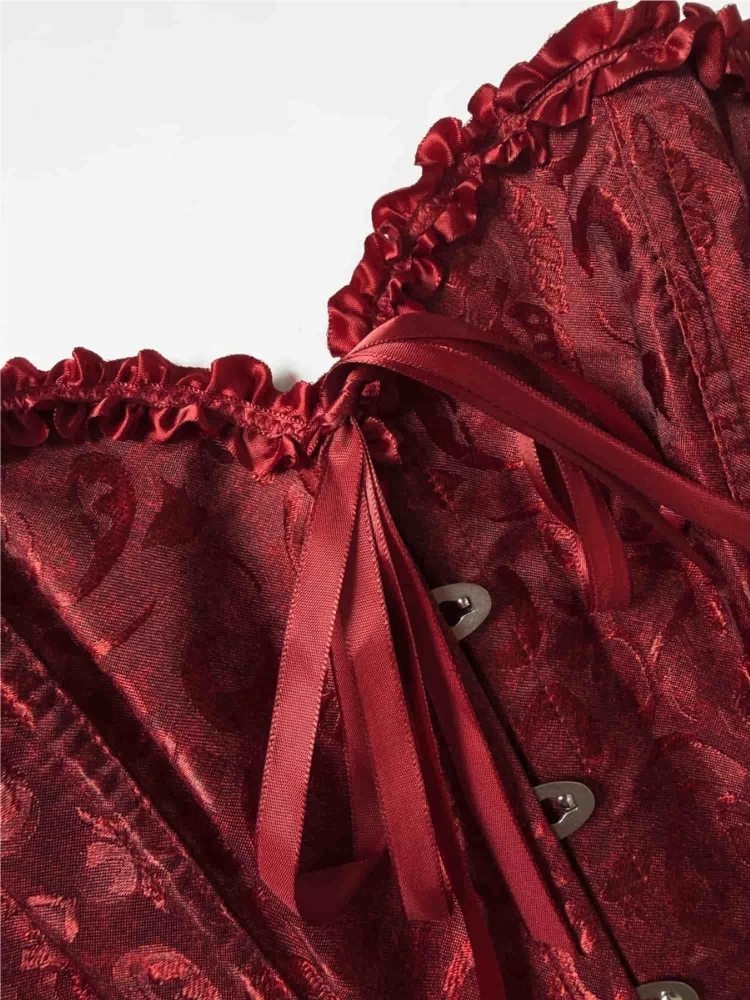 Weinrotes Overbust-Korsett aus Jacquard, trägerlos, mit Rüschen vorne, Schnürung hinten, tailliert, für Party- und Clubwear – Detail 9