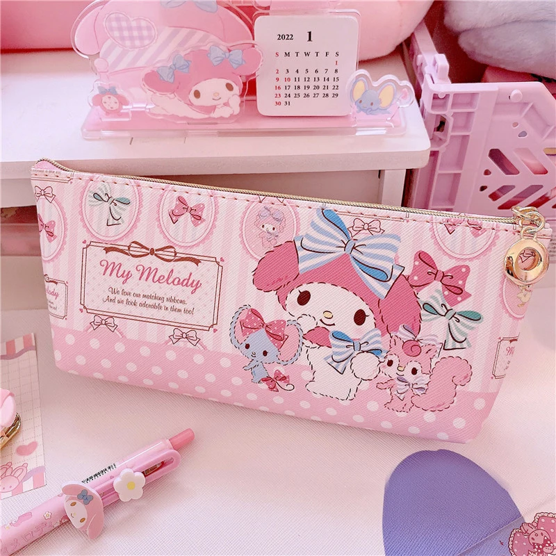 Sanrio Kuromi Cinnamoroll Hello Kitty Pink Melody Pencil Case Student Cartoon Leather Stationery Case Zipper Pencil Storage Box