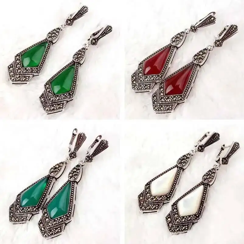 Women Gorgeous Jewelry Set, Red Green Agate CZ Crystal Shell Stone Marcasite Tibetan Silver Necklace Pendant Earring Ring 1 Pcs