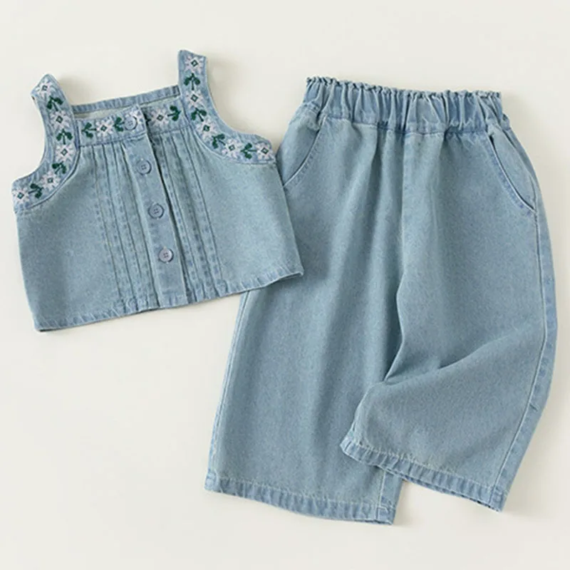 

Summer Costume Toddler Girl Clothes Korean Fashion Flowers Sleeveless Denim Baby Tops+Loose Pants Boutique Kids Clothing B152