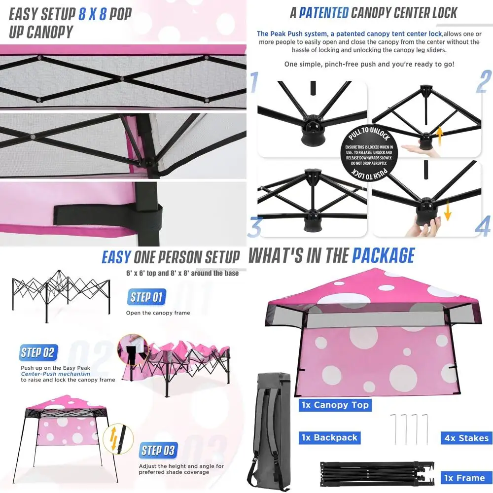 

Compact 8x8ft Pop-Up Canopy with Sidewalls, Portable Shade for Outdoor Activities, Pink Mushroom Style