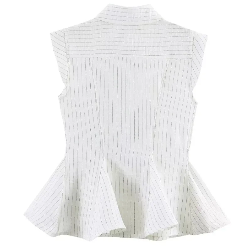 Women's Sleeveless Striped Peplum Shirt Elegant Lapel Blouse Slim Fit Waist Office Wear Wrinkle-Resistant & Washable Casual Top