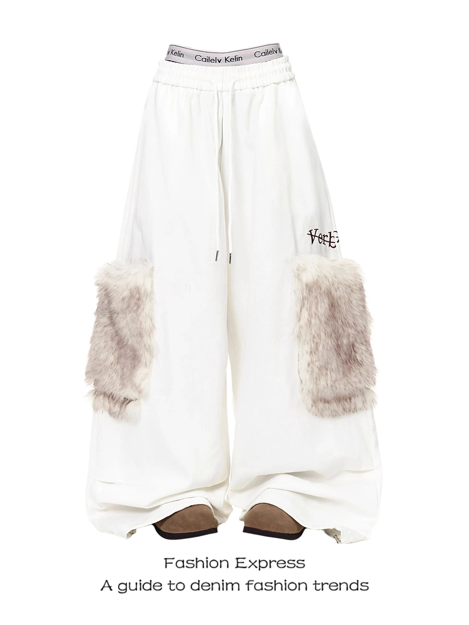 

Женские уличные мешковатые широкие брюки большого размера Y2K, белые повседневные свободные модные брюки с меховым карманом и вышивкой