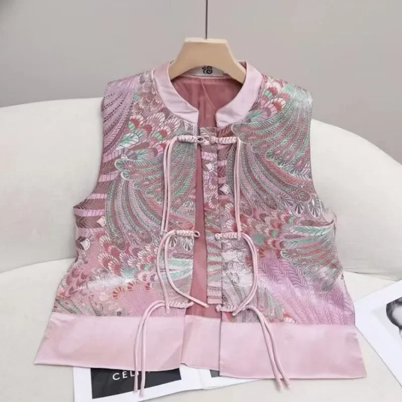 Flower Jacquard Cardigan Women Loose Sleeveless Vest Jackets Chinese Style Tang Suit Cheongsam Spring Summer Vest Vintage Coats
