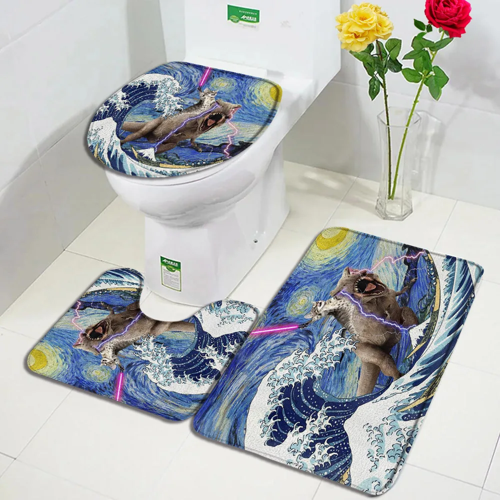 Funny Cat Bath Mat Set Creative Dinosaur Surf Sea Waves Grey Planks Kids Home Carpet Bathroom Decor Floor Rugs Toilet Lid Cover