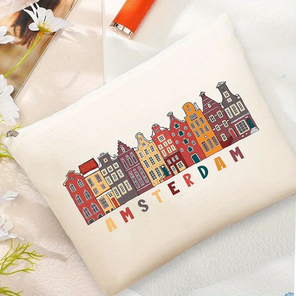 Amsterdam-Inspired Fun Travel Makeup Bag - Stylish & Lightweight Canvas Cosmetic Pouch with Zipper Closure for Women Gifts