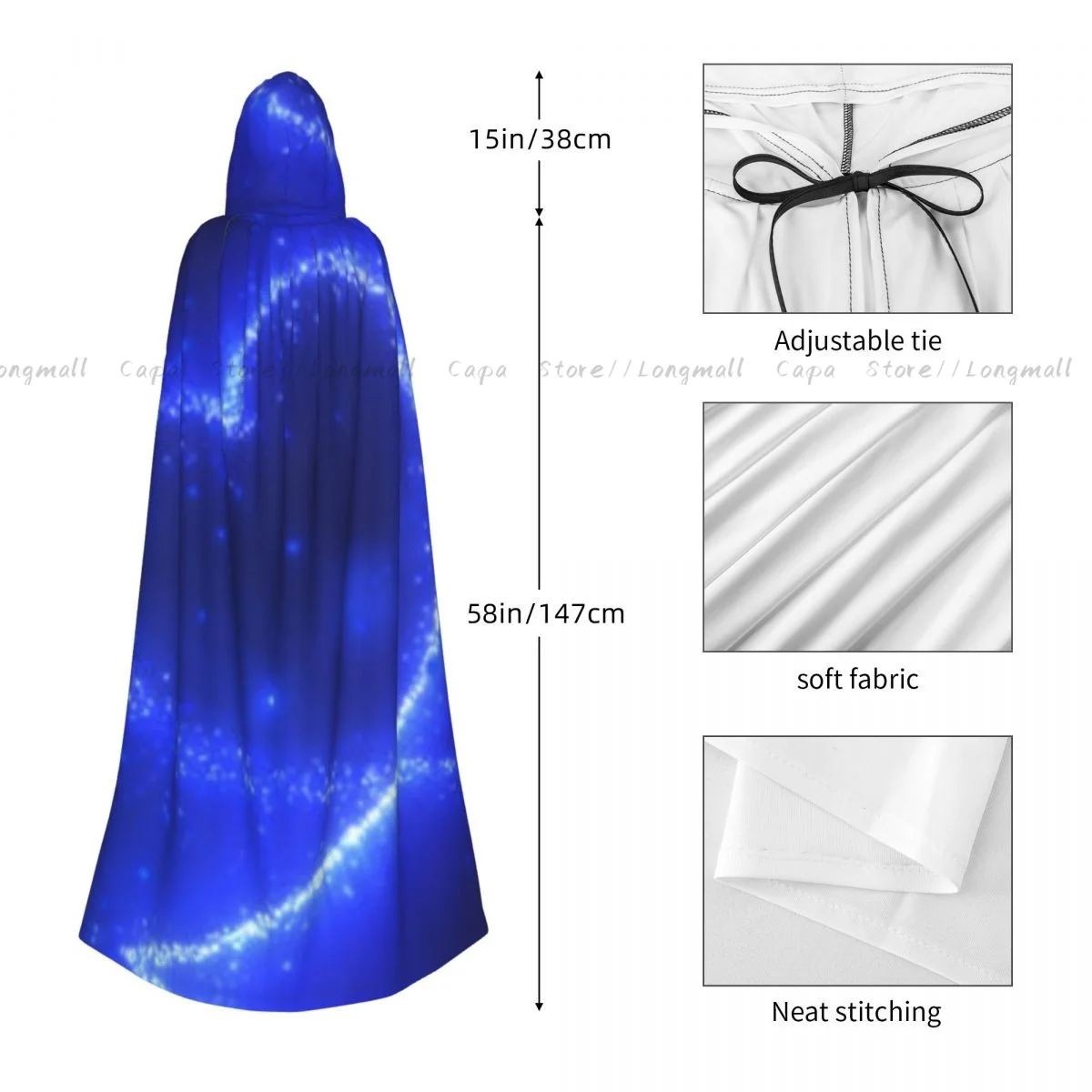 Adult Vampire Cape Hooded Robe Abstract Heart Love Blue Halloween Cloak Full Length Cosplay