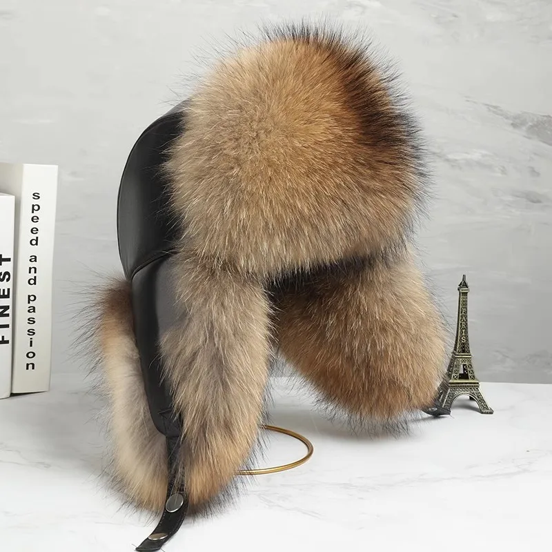 

Winter Bomber Hats Raccoon Fur Earflap Russian Ushanka Men Trapper Aviator Pilot Hat Real Leather Fur Snow Caps