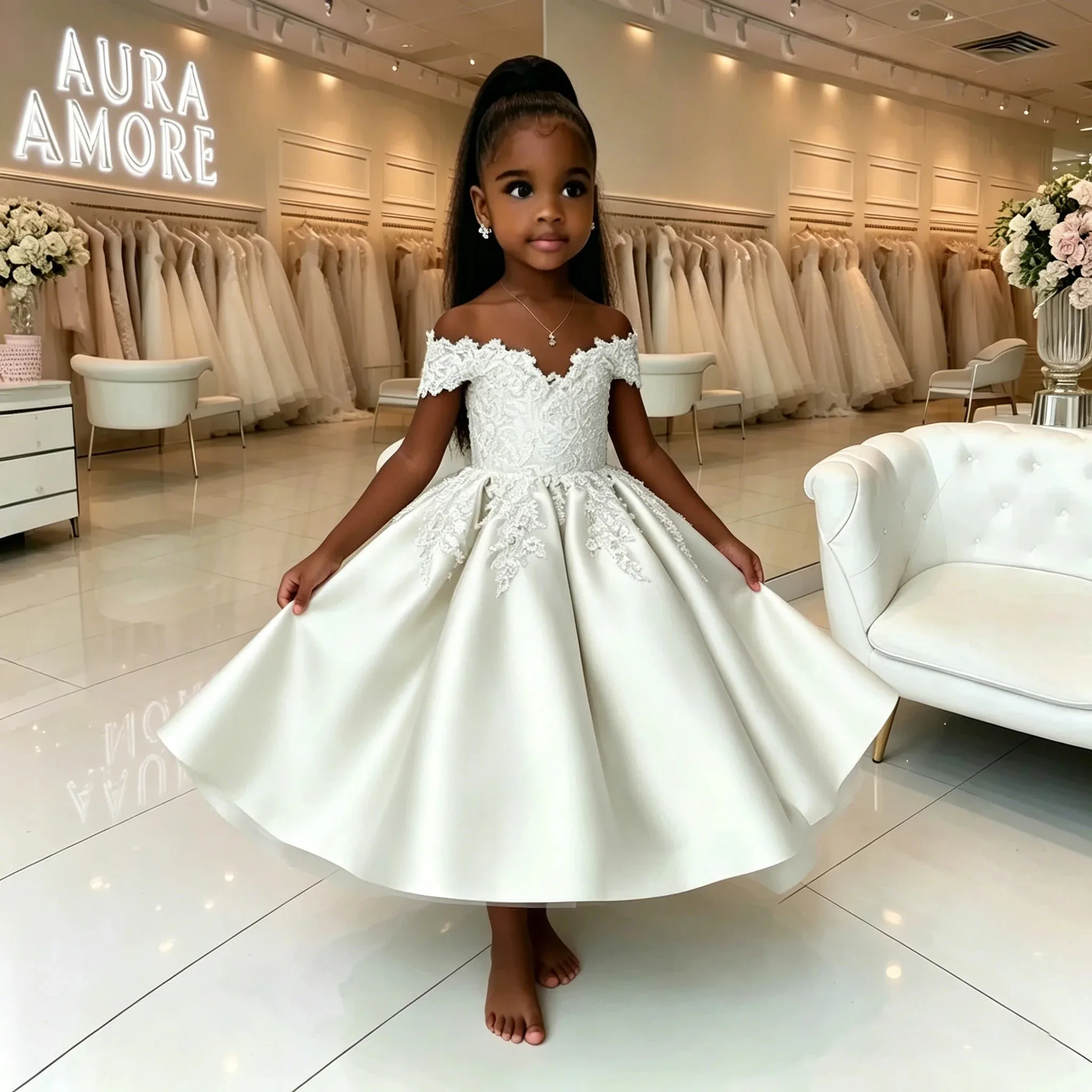 Maßgeschneidertes Großhandels-Elfenbein-Blumenmädchenkleid für Hochzeiten, Puffiges Satin-Spitzenapplikations-Kinderkleid für Geburtstagsfeiern, Erstkommunion, Ballkleid – Detail 6