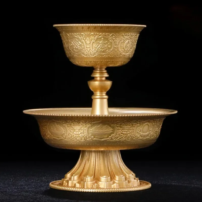 Tibetan Brass Offering Cup Set of Water Bowl with Eight Auspicious Symbols Buddhist Altar Ritual Décor Home Temple Puja Supplies