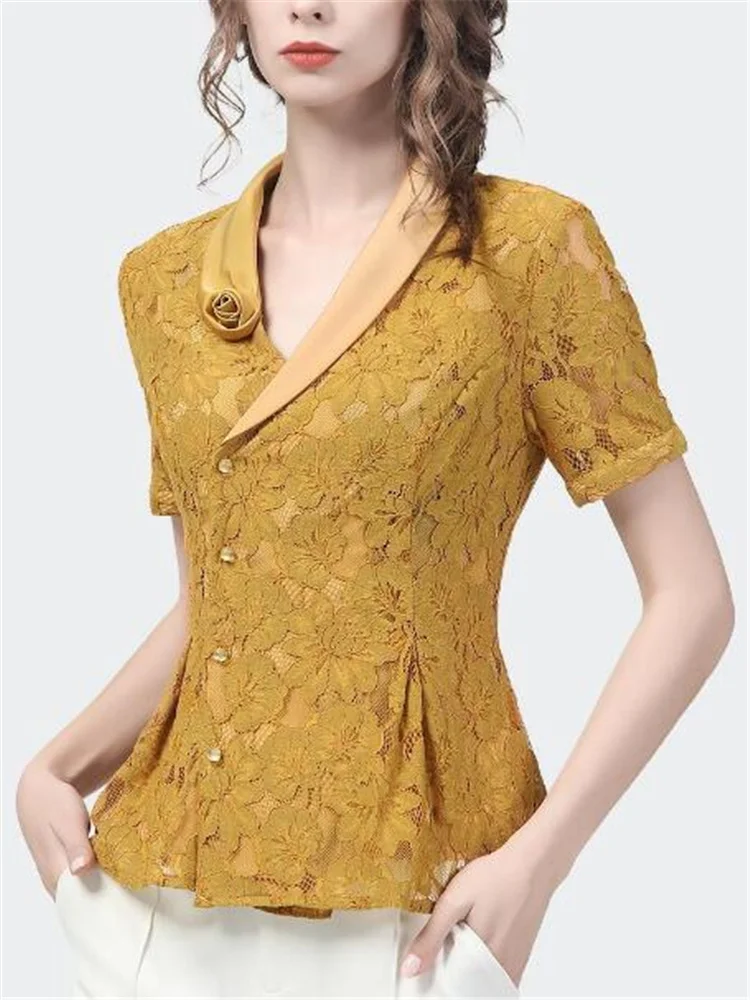 

Summer Short Sleeves Blouses Women's Shirt Lace Top Slim Tunic Top Woman Shirts V-Neck Shirt Cardigan Ladies Blous Grace Shirt