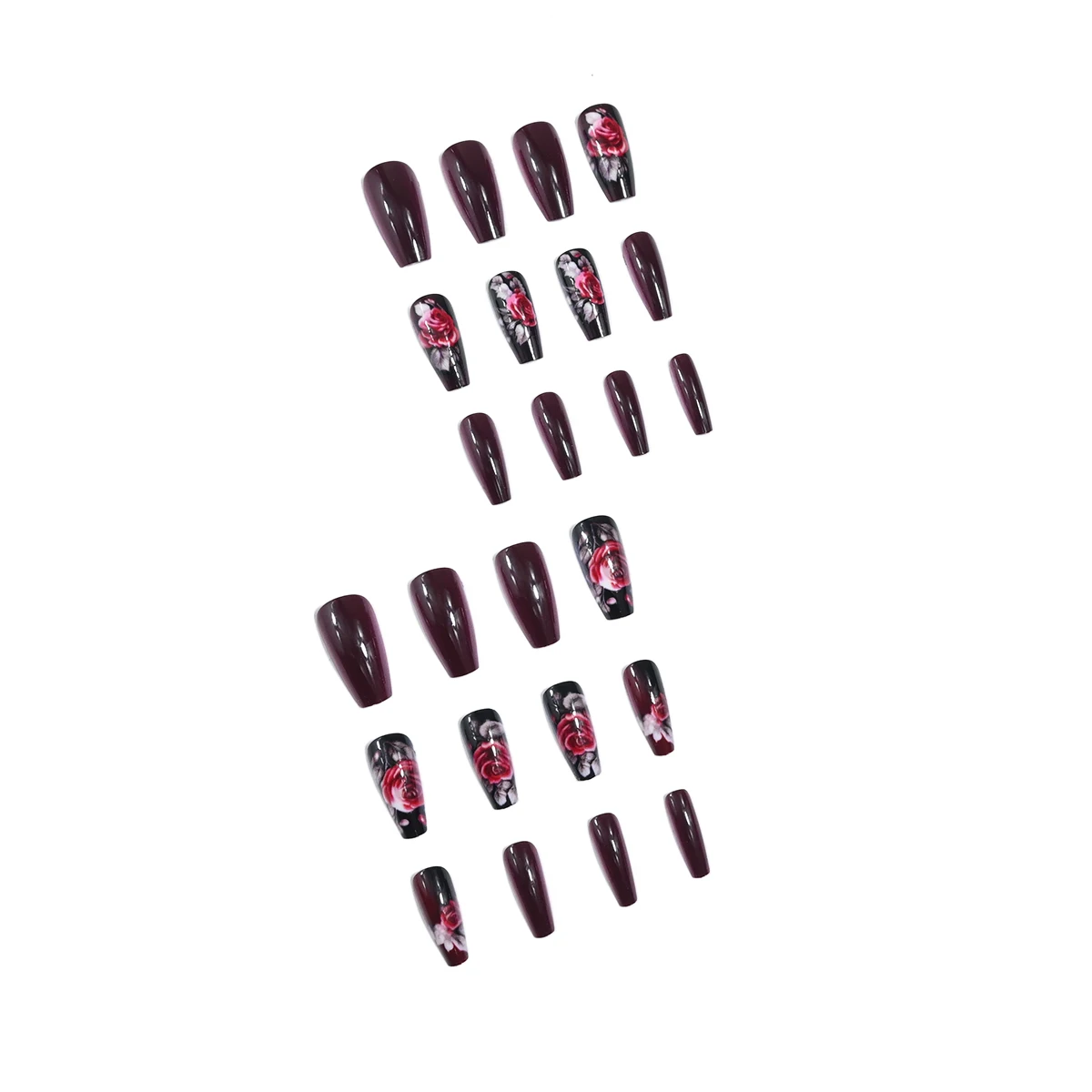 24-piece push-on nail set, fuchsia rose design, sleek manicure, easy to apply and remove, glossy finish, ballet shape, medium le