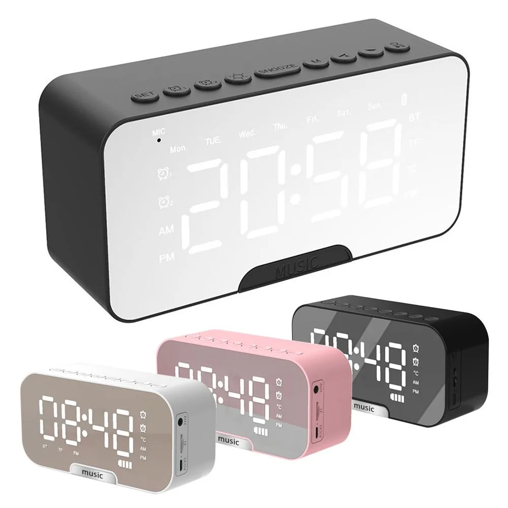 Multi-functional Alarm Clock Large LED Screen Display Bluetooth LED Digital Radio Mirror Surface USB Charging Desktop Clocks