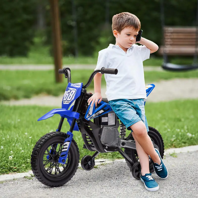 Elektrisches Motorrad für Kinder mit abnehmbaren Rädern, Federung, Geräuschen und Ladeanzeige, Blau. Lieferung aus lokalem Lager.