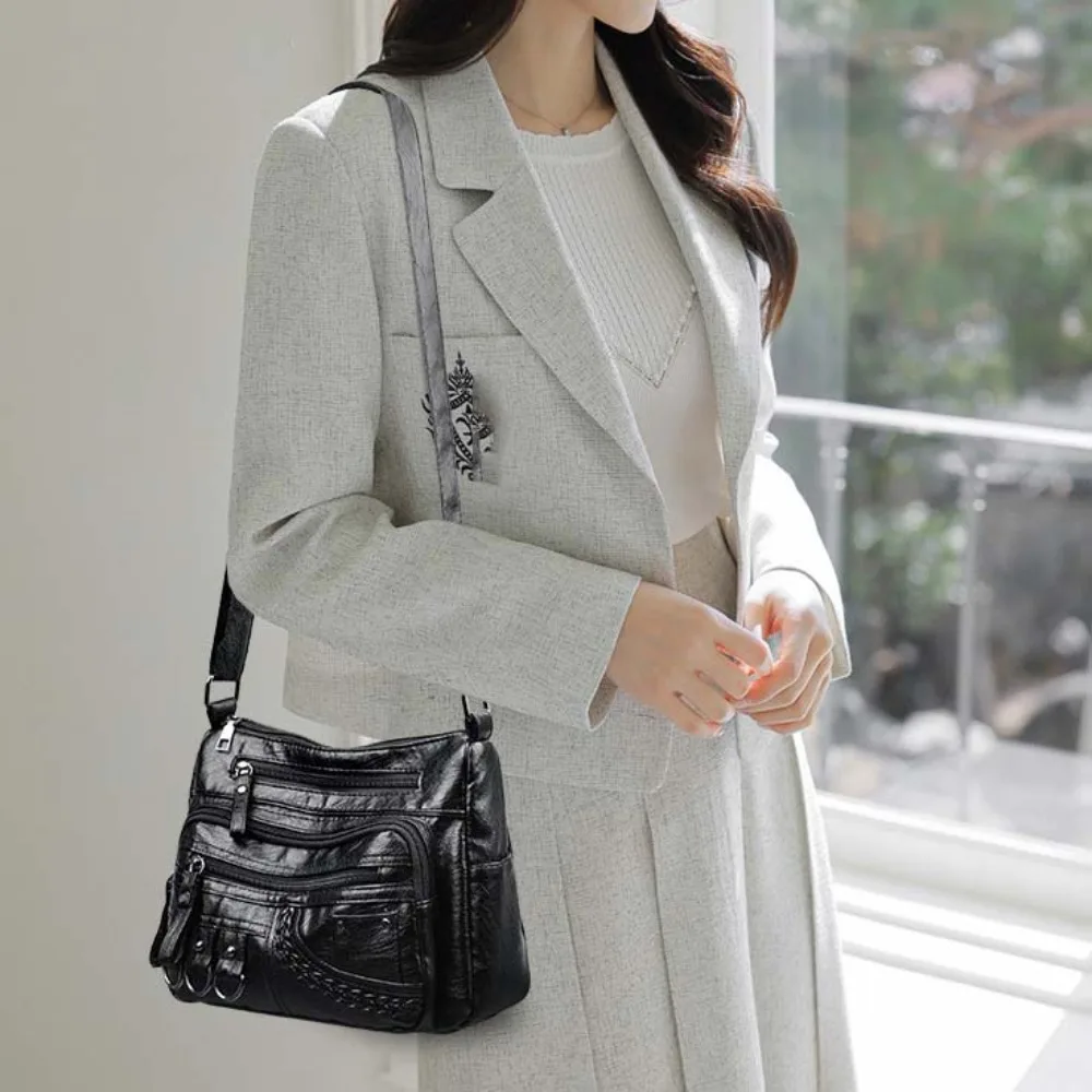 

Элегантная сумка для мамы среднего возраста в корейском стиле с несколькими карманами, мягкая квадратная сумка из искусственной кожи с широким ремешком, коричневая повседневная женская сумка для мамы