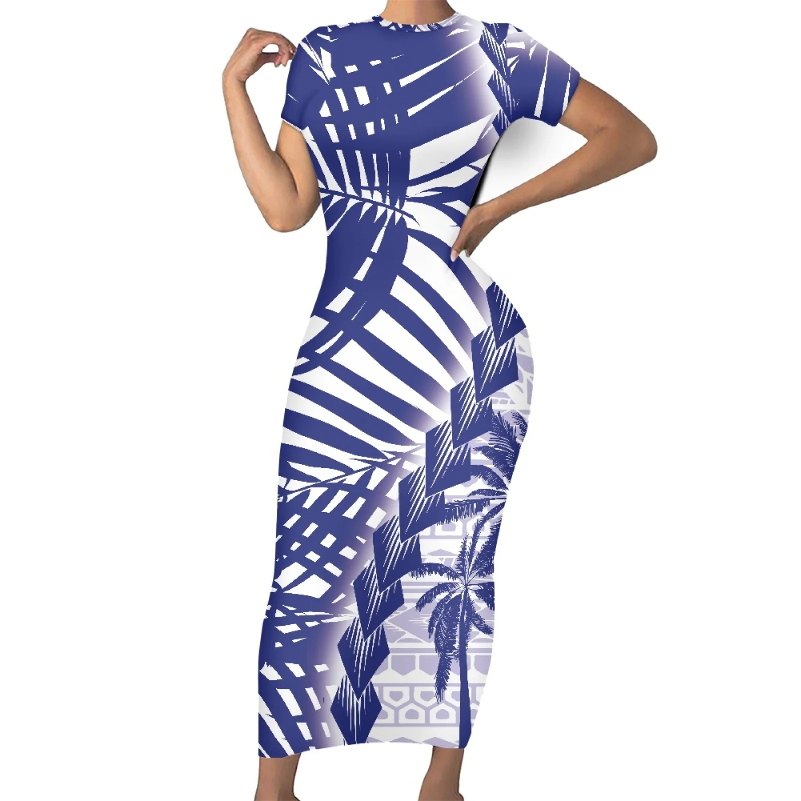 

Polynesian Tribal Tongan Totem Tattoo Tonga Prints Women's Sexy Long Tshirt Round Neck Short Sleeved Summer Plus Size Dress