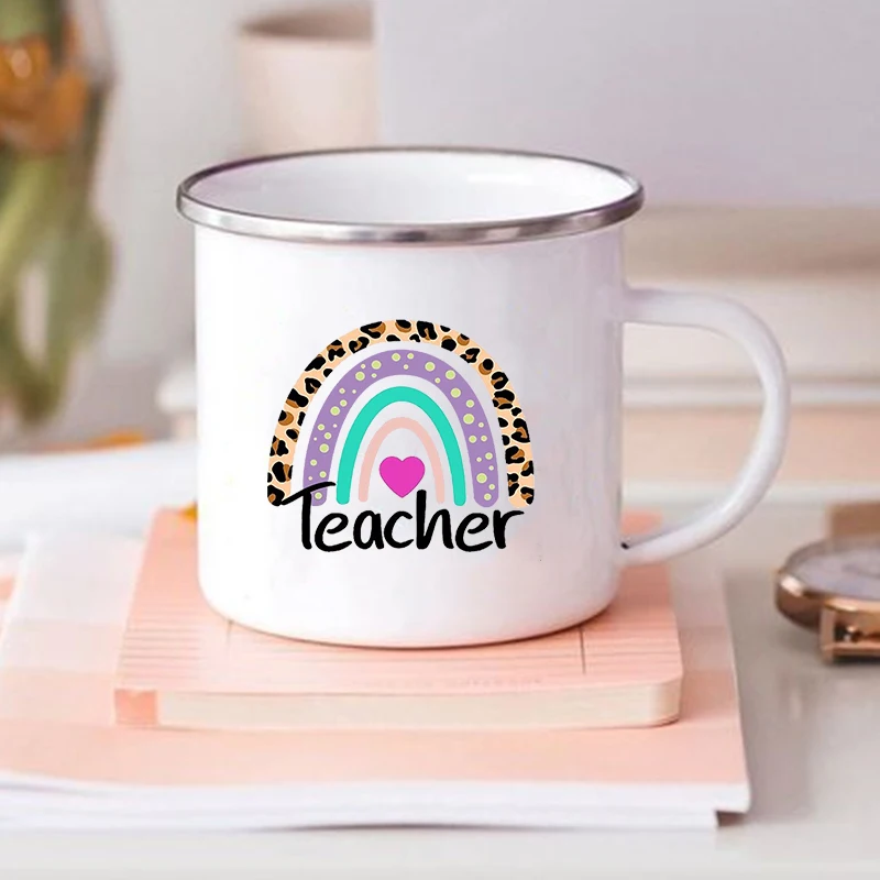 Teach Love Inspire Printed Vintage Enamel Mug Creative Coffee Tea Cups Drinks Breakfast Milk Mugs Handle Drinkware Teacher Gifts