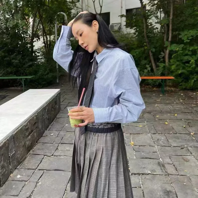 VE LOVE 뉴 컬리지 슬레프 스커트, 끈 조임식 허리밴드, 컬러 블록 체크 무늬 빈티지 캐주얼 여성 스커트