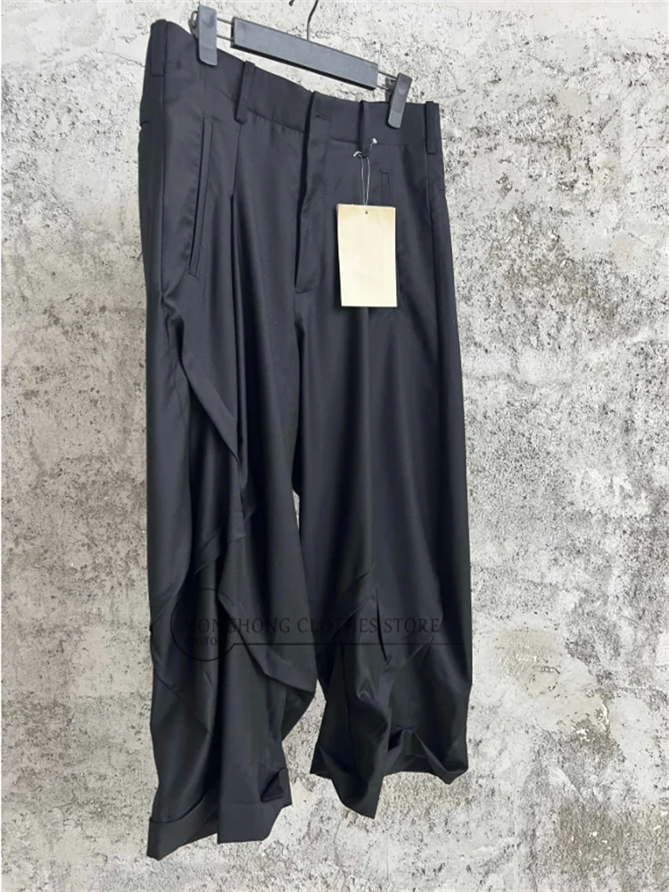 Newly designed deconstructed asymmetrical irregular pleated trousers, men's loose straight black oversized trousers