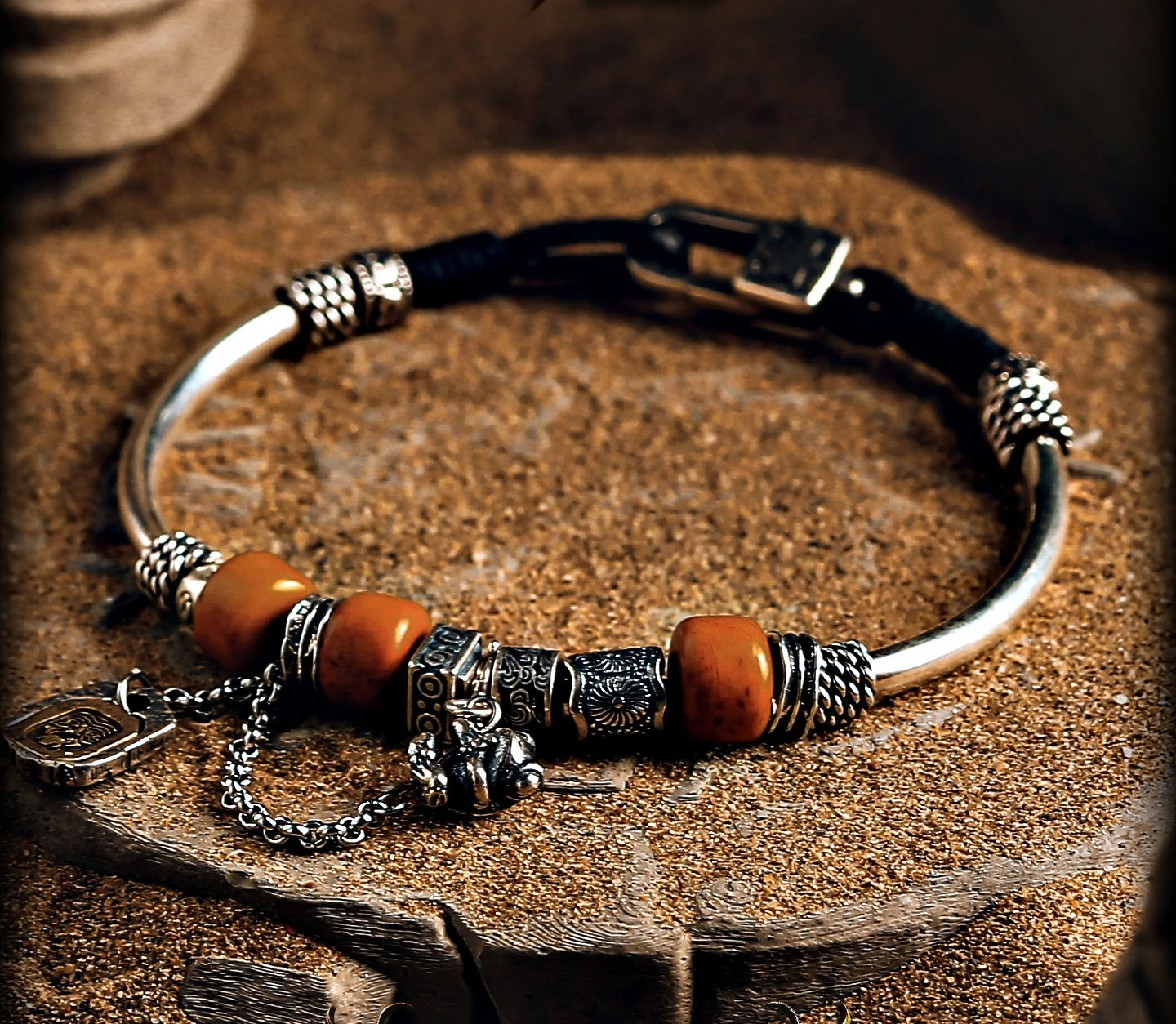 [Emblem] Retro Niche Half Bracelet 925 Silver Bracelet for Boys Zakiram Bracelet.