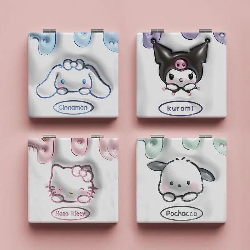 Anime Sanrio specchio per il trucco portatile pieghevole Hello Kitty My Melody Kuromi Cinnamoroll Pochacco specchio cosmetico tenuto in mano regali