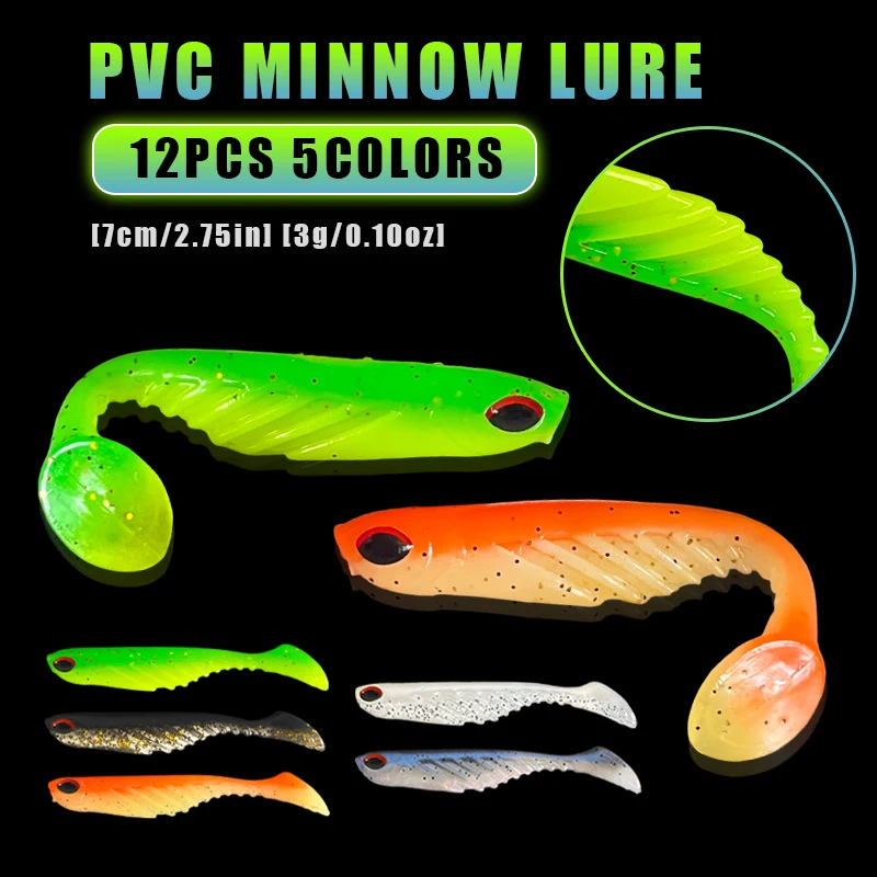 12Pcs T-Tail Soft Bait 3g Universal Freshwater and Saltwater Lure Small Size for Fishing for Bass and Perch
