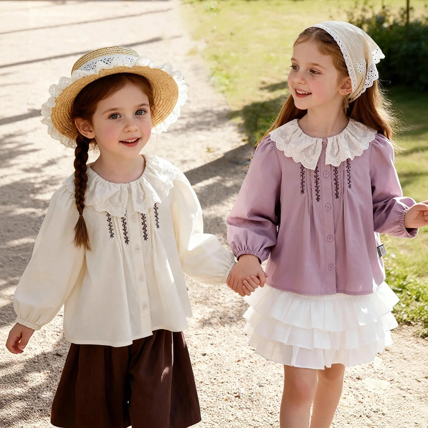 Amila 2026 Spring Girls' Shirt Lace Collar Simple Embroidery Sweet And Cute Skin Friendly Cotton Long Sleeved Top