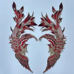 Have One Pair Chinese Style Red Phoenix Bird Sew On Embroidery Patches For Clothing Dress Applique Decoration DIY