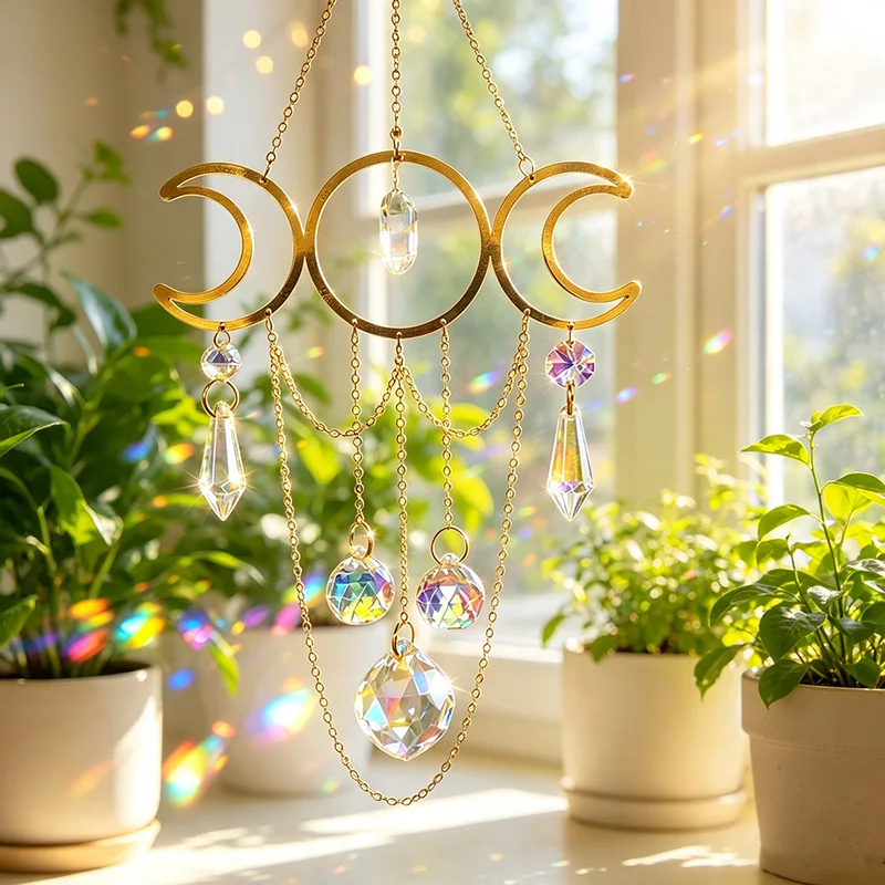 Wind Chime Sun Catcher Natural White Stone Golden Moon Hanging Ornament Oil‑Painting‑Style Window Decor Outdoor Garden Yard Wall