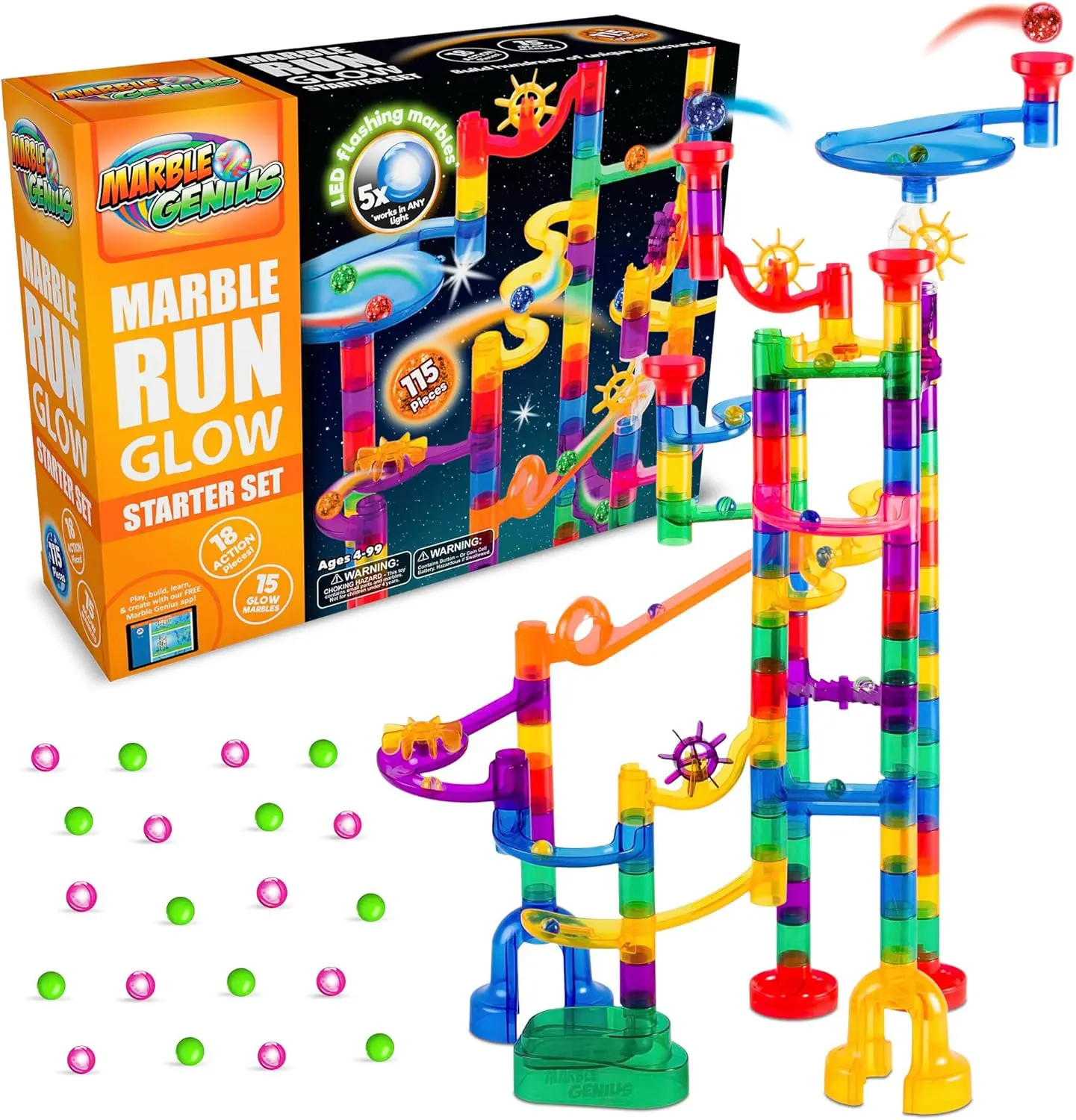 

115 pcs Glow Marble Run Track Race Starter Set for Kids Age 4+, Glow in The Dark, STEM Educational Building Block, Color Instruc