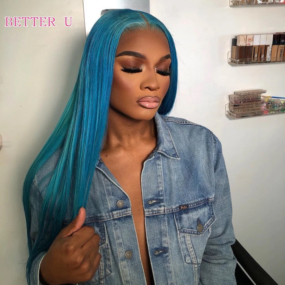 

Ready To Go Glueless Human Hair Wigs Blue Colored Lace Front Wig For Women Pre Plucked Straight 5x5 Lace Closure Wigs No Glue