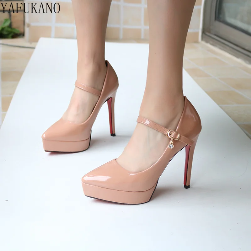 Sexy Nude Patent Leather High Heels Platform Thick Bottom Pointed Womens Single Buckle Strap Retro Party Dress Shoes Size 32 33