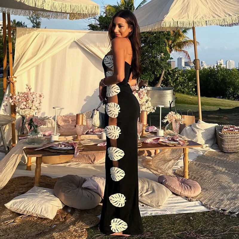 Fashion 2025 Black And White Tube Top Swimsuit with Leaf Splicing Hollow Design One-piece Bathing Suit for Women
