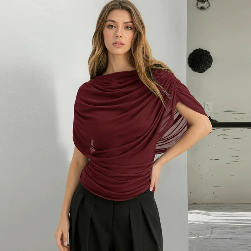 

Typhaland Mesh Splice Ruched T shirt Women's Sleeveless Elegant Top Solid Slim Female Pullovers Ins Hot Commuting Party T shirt