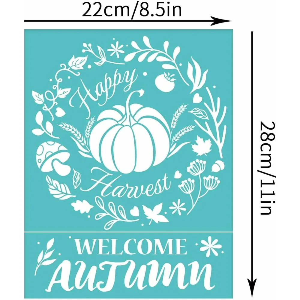 2Pcs Autumn Themed Self-Adhesive Silk Screen Pumpkin Reusable Sign Stencils Happy Harvest Mesh Stencils for Painting on Home