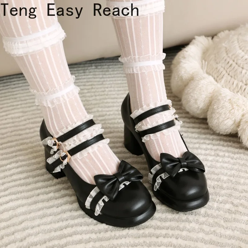 2024 Sweet Girl High Heels Mary Jane High Heels Fashion Party White Pink Black Lace Bow Princess Cosplay Lolita Shoes 33-43