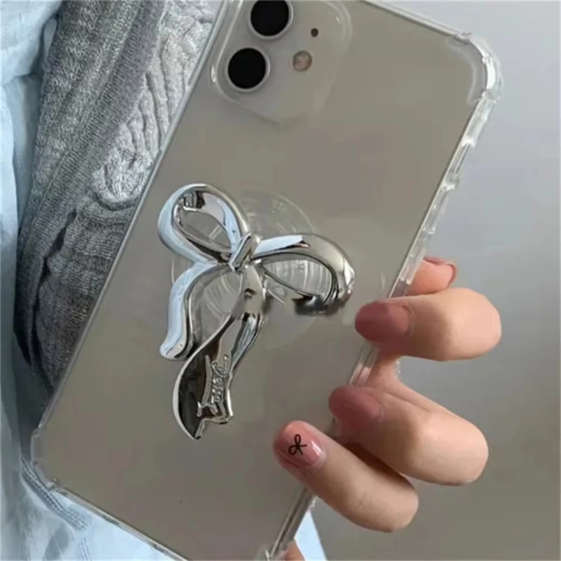 Korean Cute Silvery Bowknot Griptok Clear Phone Finger Ring Holder Stand Support For iPhone Samsung Foldable Socket Girl Bracket image 2