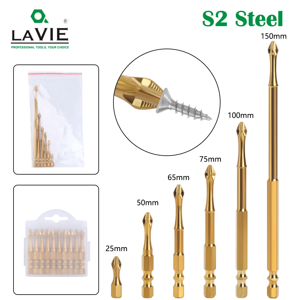 LAVIE 1PC Double Slot Bullet Head Anti Slip Gold Plated Titanium S2 Cross Screwdriver Head High Hardness Electric Screwdriver