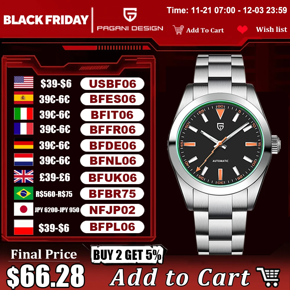 PAGANI DESIGN Men\'s Watches Top brand Luxury Mechanical Green Sapphire Glass Automatic Watch Men NH35A Stainless Sports Clock