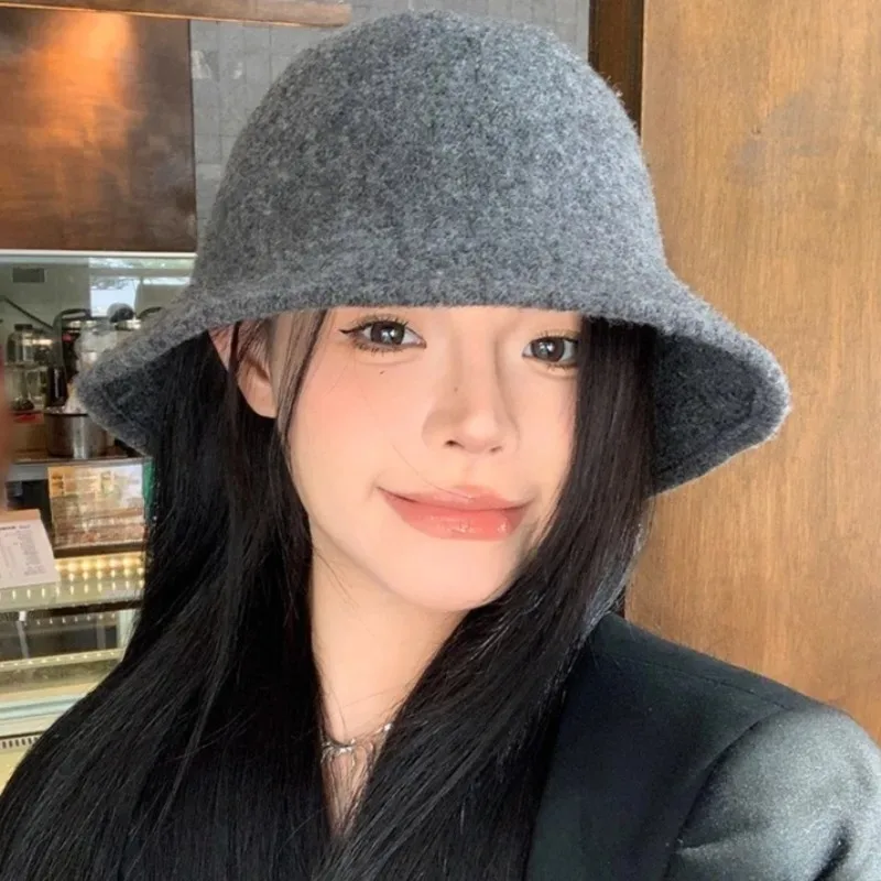 جديد الشتاء الصوف مزيج قبعة بحافة محبوك قبعة صياد للنساء الدافئة الوجه التخسيس قبة تاج قبعة أنيقة على الموضة