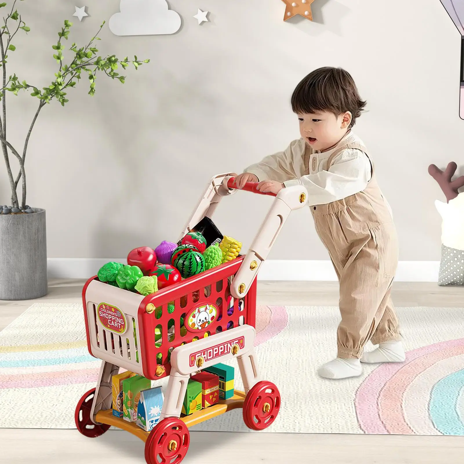 Boodschappenwagen voor kinderen Fantasiespel Winkelwagen Speelset Keukenspeelgoed Nepvoedsel voor peuter Voorschoolse leeractiviteiten Jongens