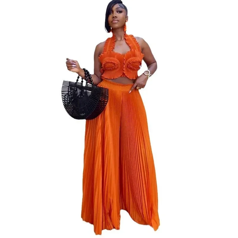 2024 Women's Skirt Clothing Sweet Temperament Strapless High Waisted Pleated Wide Leg Pants Fashionable Casual Suit