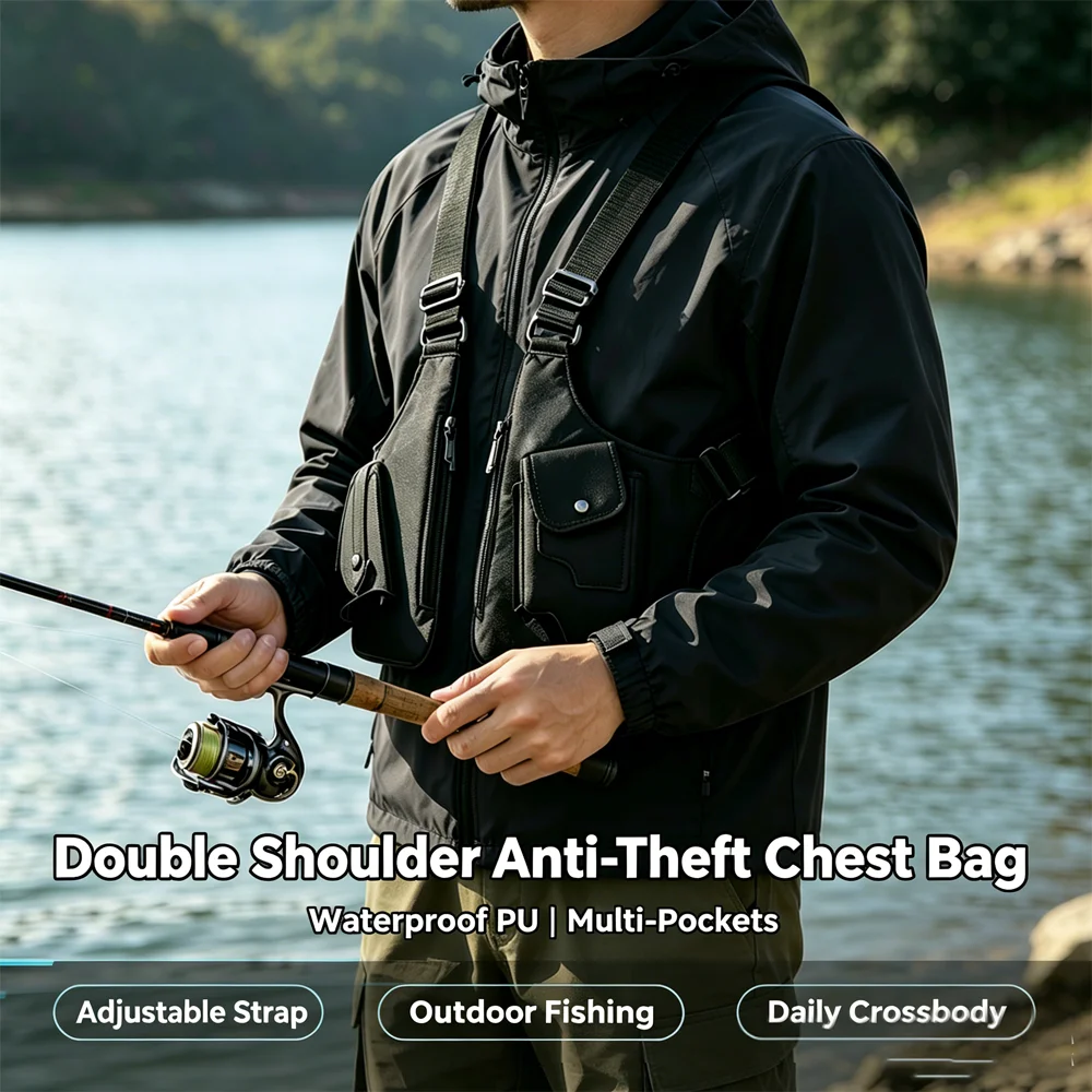 Double Shoulder Strap Multi-Pocket Outdoor Anti-Theft Tactical Fishing Bag Waterproof PU Multi-Purpose Men's Crossbody Bags image 2