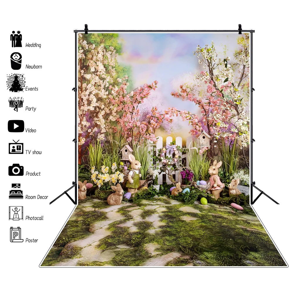 

Spring Easter Photography Background Garden Floral Fence Rabbit Easter Eggs Meadow Photo Backdrop Children Birthday Party Banner