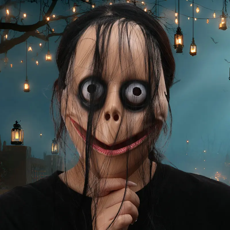 Nuovo Halloween Horror con capelli lunghi Cosplay Maschera fantasma femminile Maschere per giochi di ruolo Maschera divertente Maschera per bocca a forma di V Giocattoli ingannevoli per feste