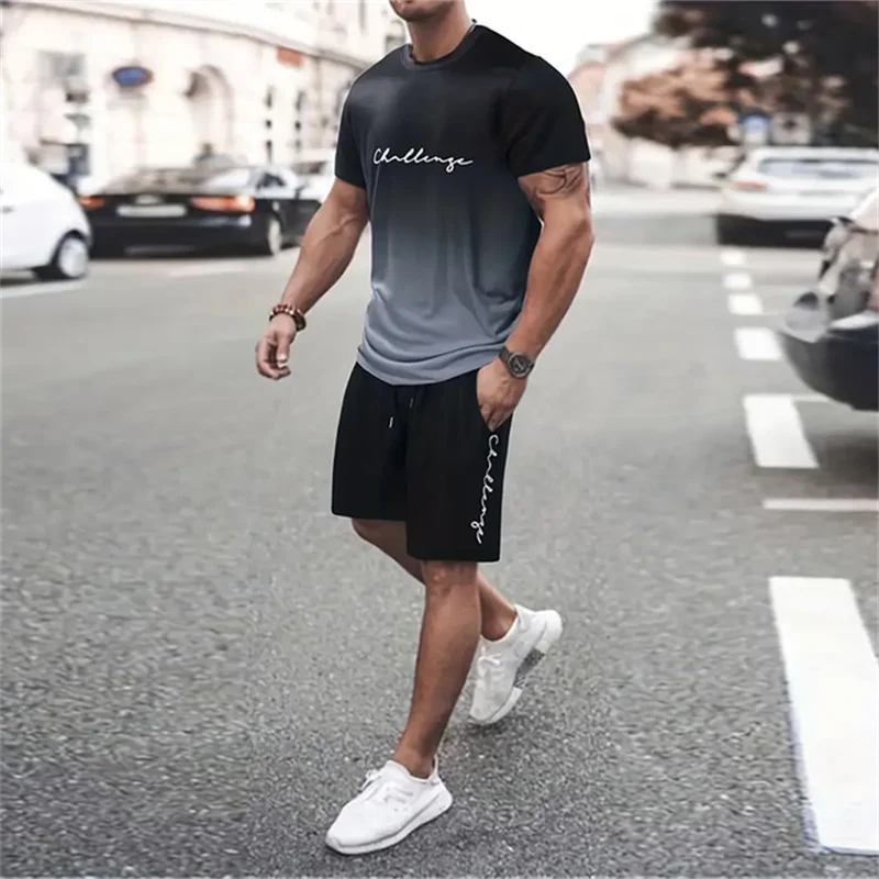 Fashionable Boutique Color Blocking Tie Dye Men T-shirt and Shorts 2-piece Set Summer Outdoor Casual Breathable Short Sleeve Set