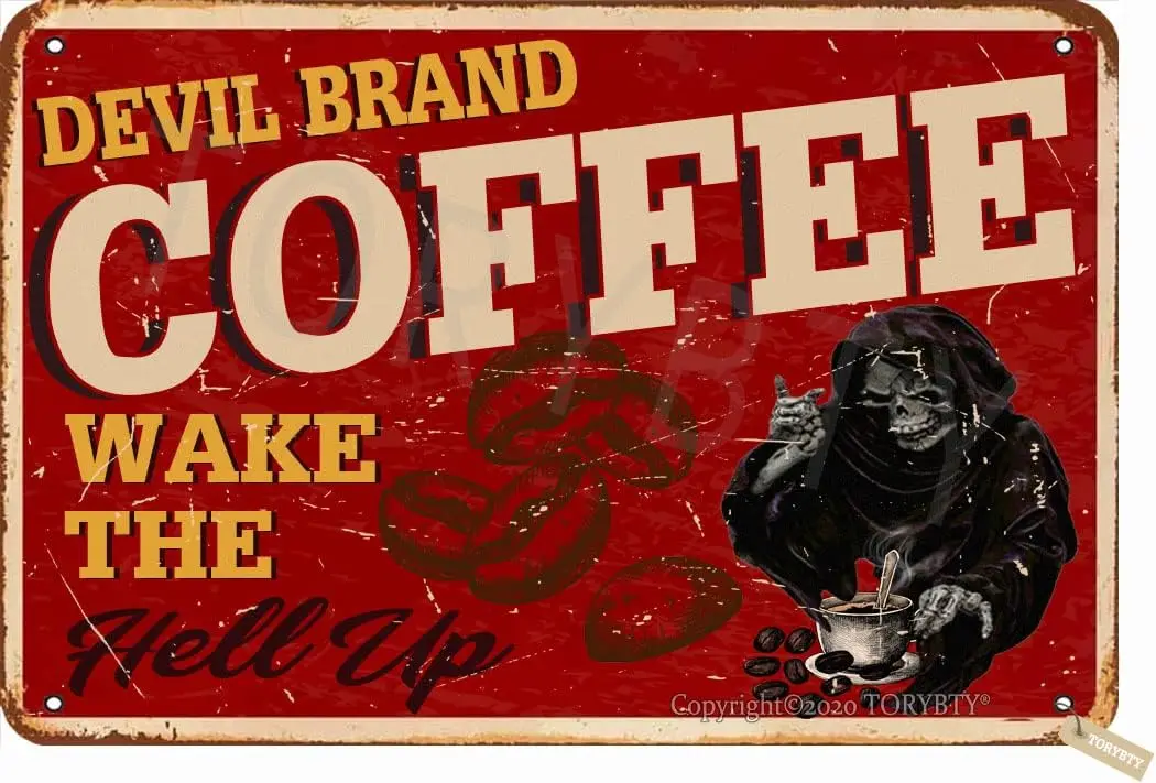 Devil Brand Coffee Wake The Hell Up Retro Look Metal 20X30 cm Decoration Crafts Sign for Home Kitchen Bathroom Farm Garden Garag